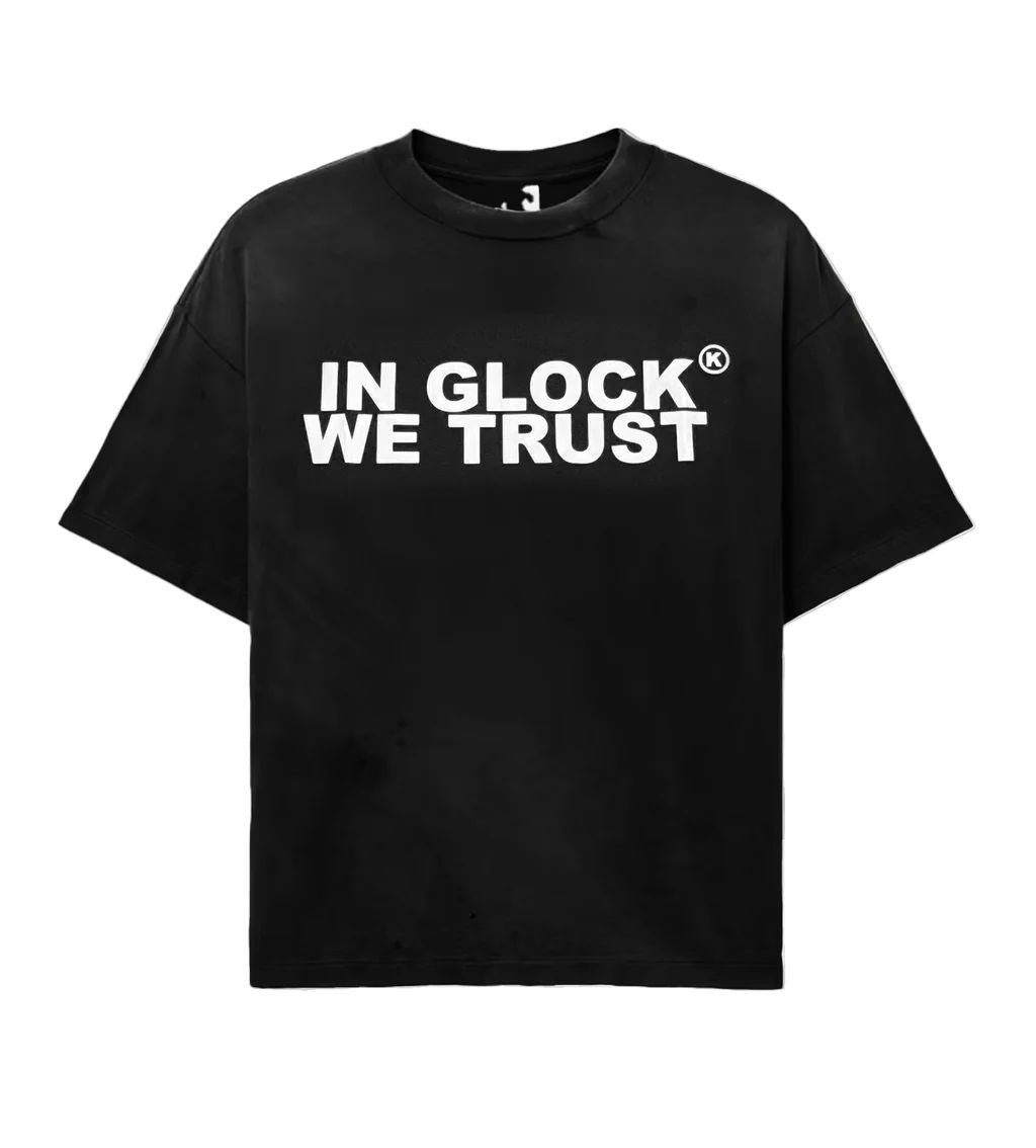 In Glock We Trust Tee White Letters Black