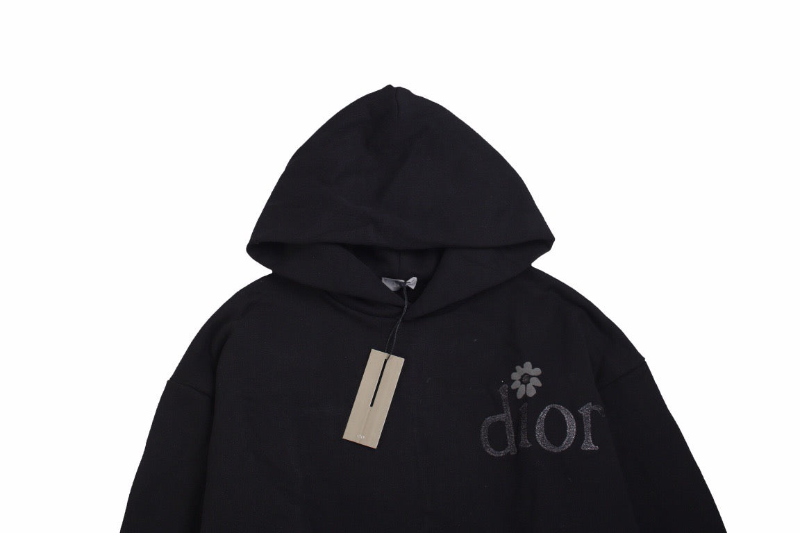 Floral Embroidered Logo Hoodie – Black