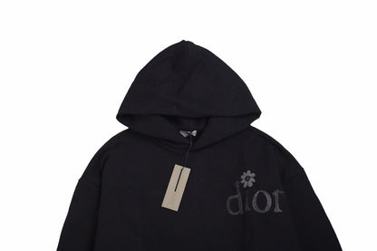 Floral Embroidered Logo Hoodie – Black