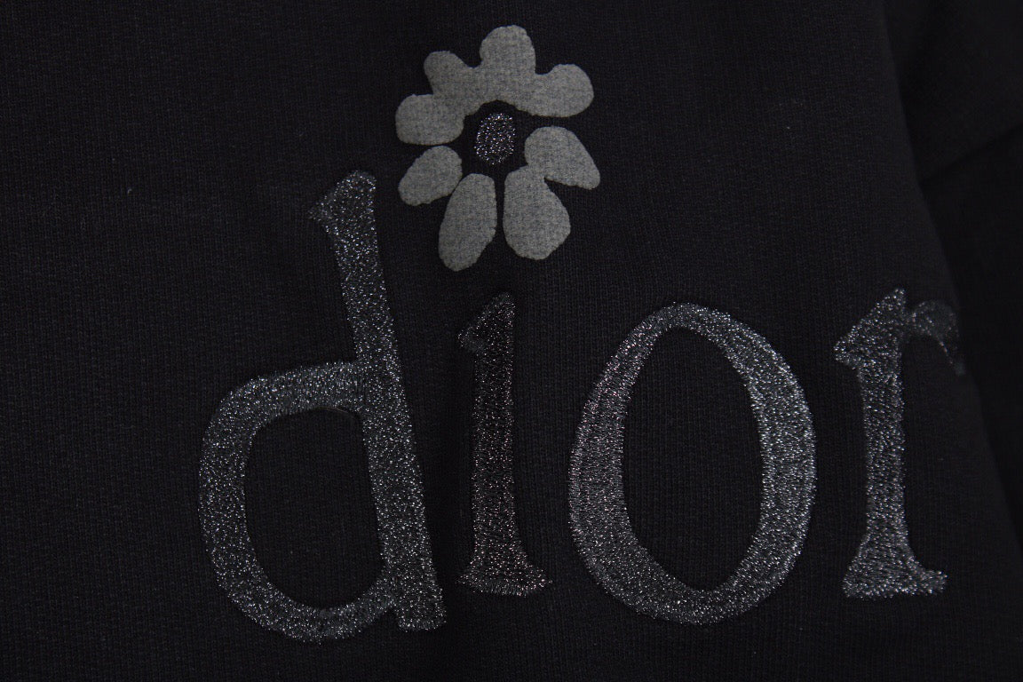 Floral Embroidered Logo Hoodie – Black