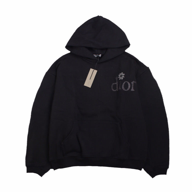 Floral Embroidered Logo Hoodie – Black