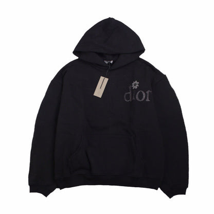 Floral Embroidered Logo Hoodie – Black