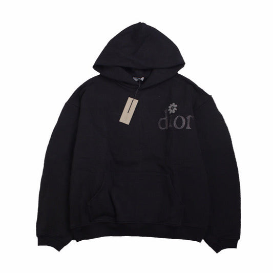 Floral Embroidered Logo Hoodie – Black